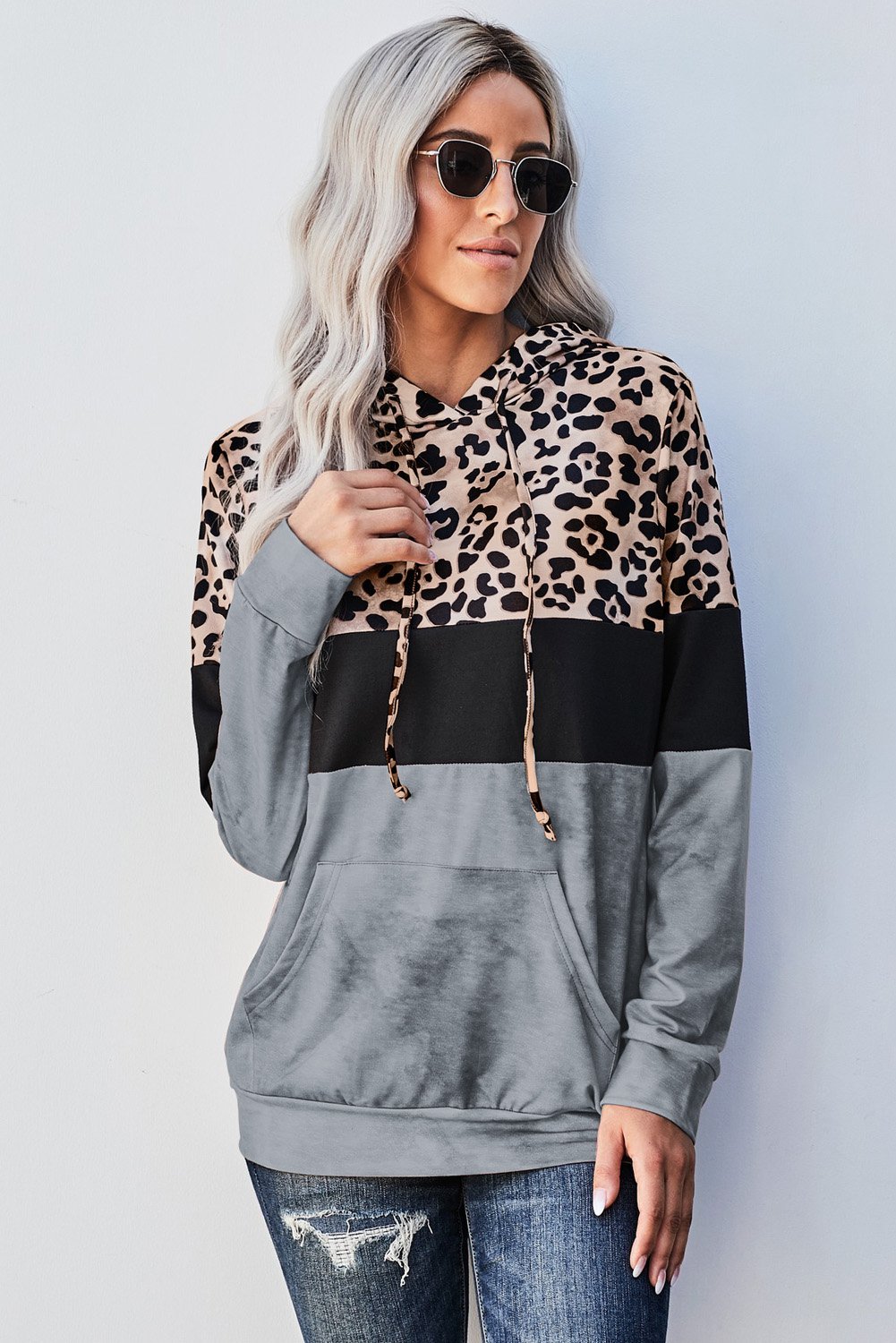 Gray Leopard Tie Dye Colorblock Hoodie featuring a stylish leopard print and color block design with adjustable drawstring hood.