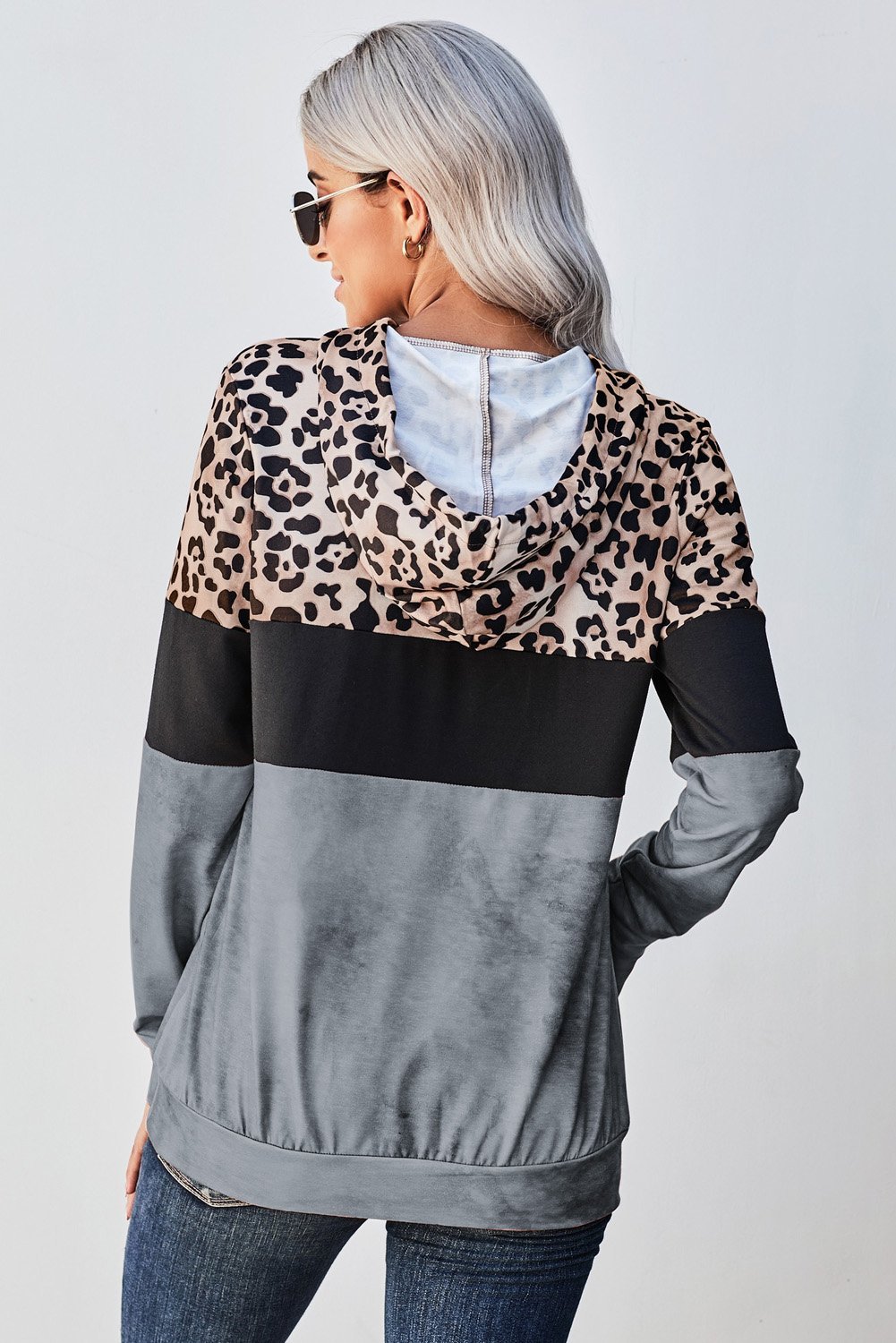 Gray Leopard Tie Dye Colorblock Hoodie featuring a stylish leopard print and color block design with adjustable drawstring hood.