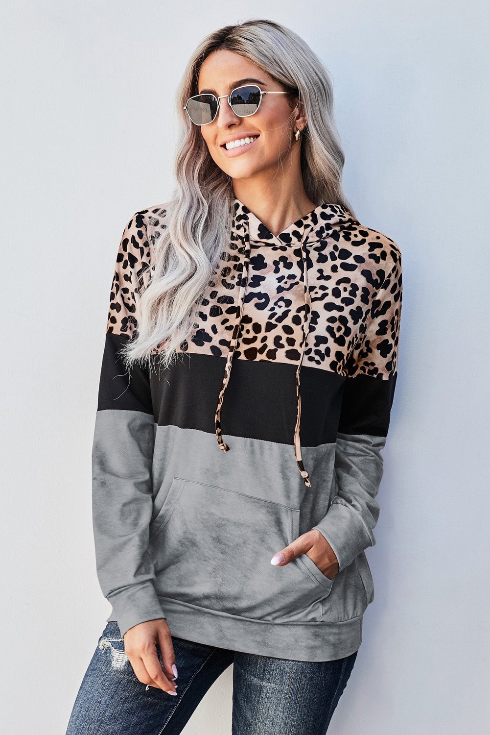 Gray Leopard Tie Dye Colorblock Hoodie featuring a stylish leopard print and color block design with adjustable drawstring hood.