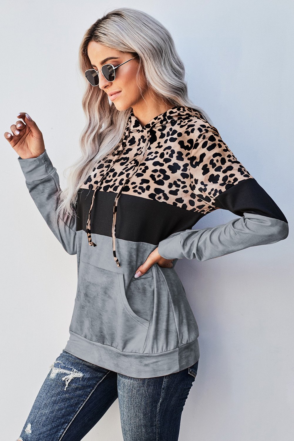 Gray Leopard Tie Dye Colorblock Hoodie featuring a stylish leopard print and color block design with adjustable drawstring hood.