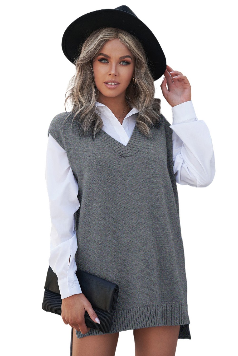 A stylish gray sweater vest featuring a v-neckline, sleeveless design, and high-low hemline, perfect for casual wear.