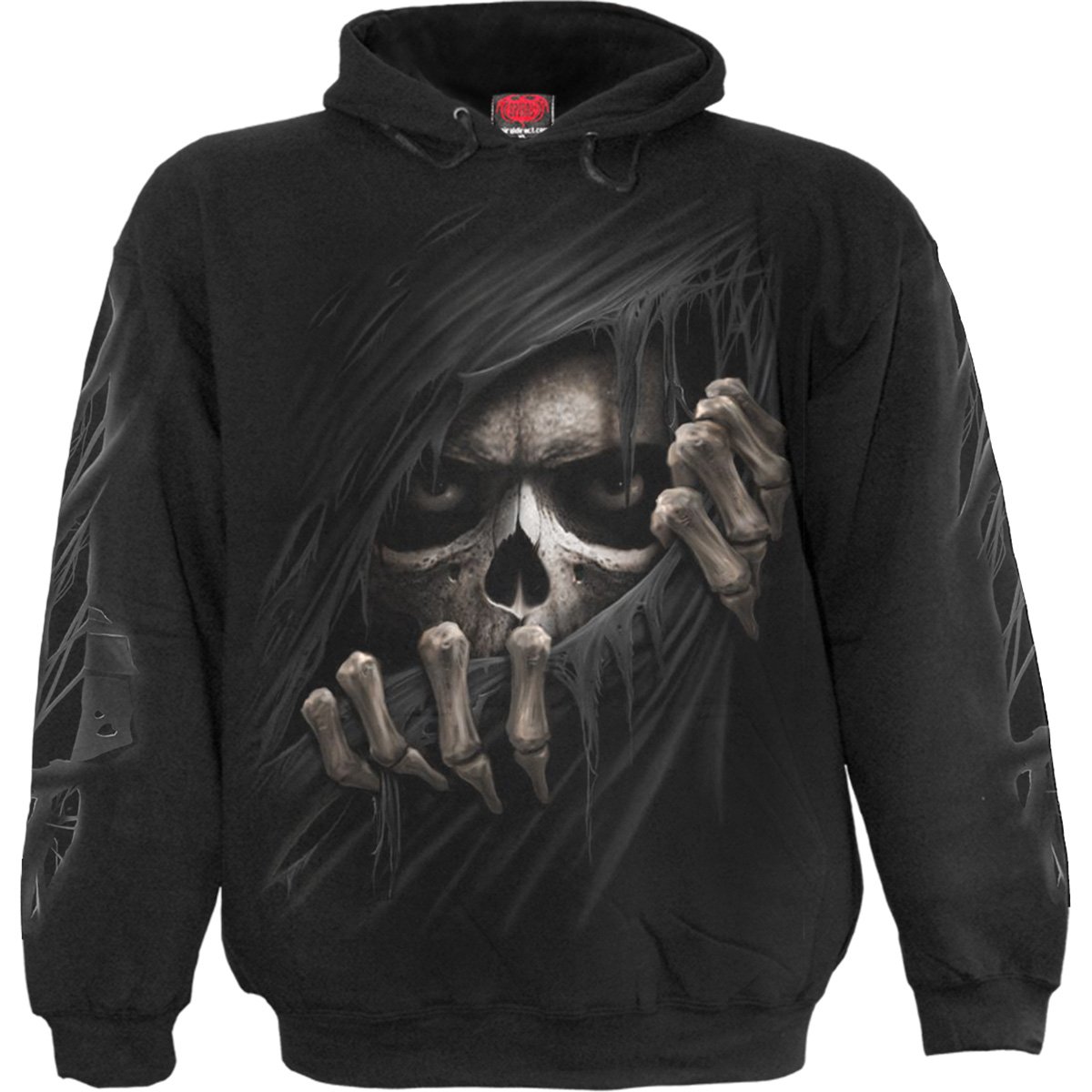 Black hoody featuring a Grim Reaper design with a grotesque face and sunken eyes, made from 100% cotton fleece.