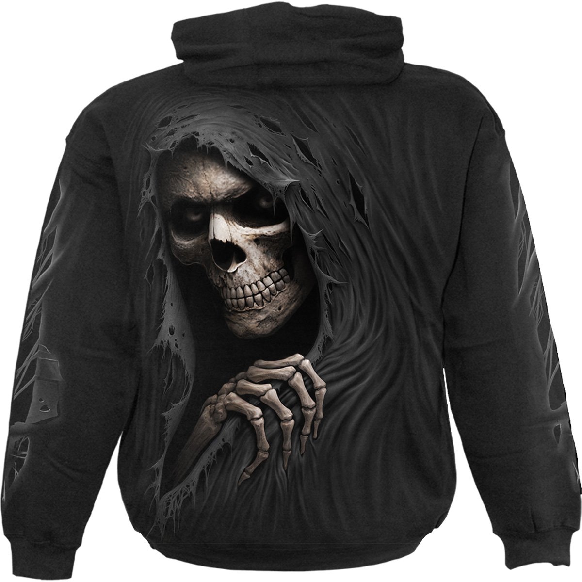 Black hoody featuring a Grim Reaper design with a grotesque face and sunken eyes, made from 100% cotton fleece.