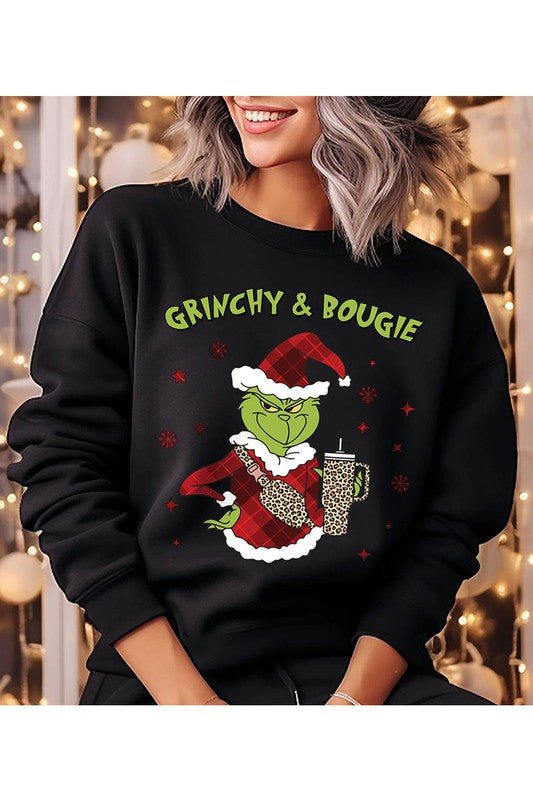 GRINCHY & BOUGIE fleece sweatshirt featuring a festive graphic design, round neck, and long sleeves, perfect for casual winter wear.