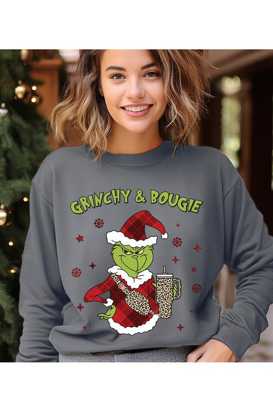 GRINCHY & BOUGIE fleece sweatshirt featuring a festive graphic design, round neck, and long sleeves, perfect for casual winter wear.