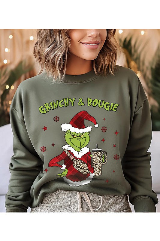 GRINCHY & BOUGIE fleece sweatshirt featuring a festive graphic design, round neck, and long sleeves, perfect for casual winter wear.