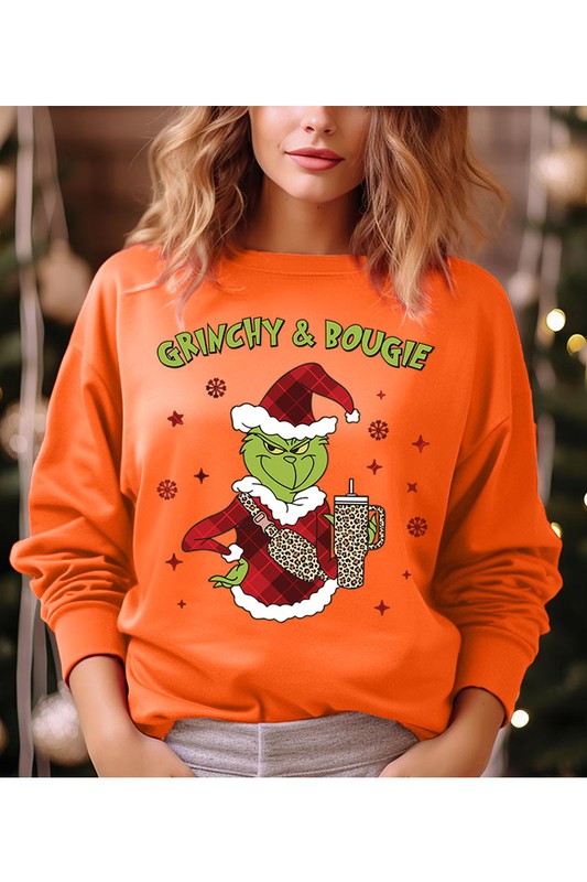 GRINCHY & BOUGIE fleece sweatshirt featuring a festive graphic design, round neck, and long sleeves, perfect for casual winter wear.