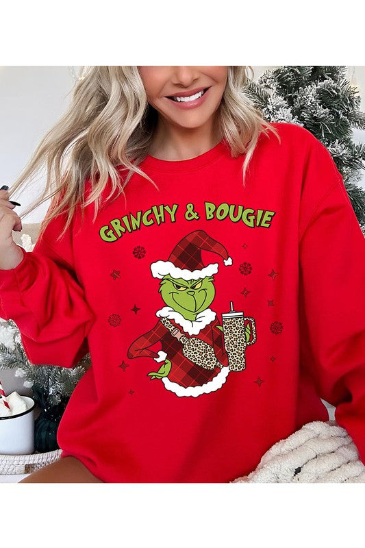 GRINCHY & BOUGIE fleece sweatshirt featuring a festive graphic design, round neck, and long sleeves, perfect for casual winter wear.