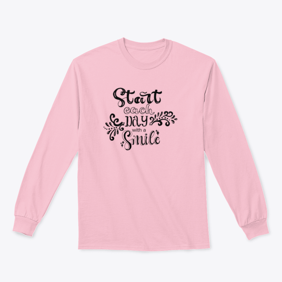 A stylish hand-drawn lettering shirt featuring the phrase 'Start Each With A Smile', made from soft cotton fabric.