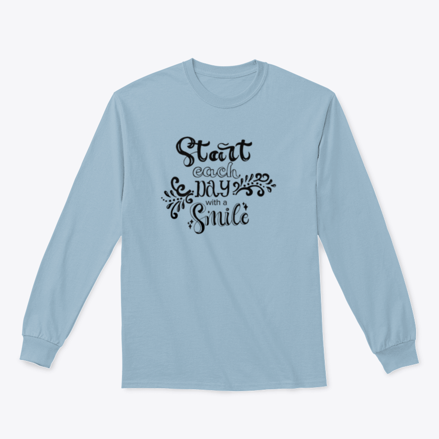 A stylish hand-drawn lettering shirt featuring the phrase 'Start Each With A Smile', made from soft cotton fabric.