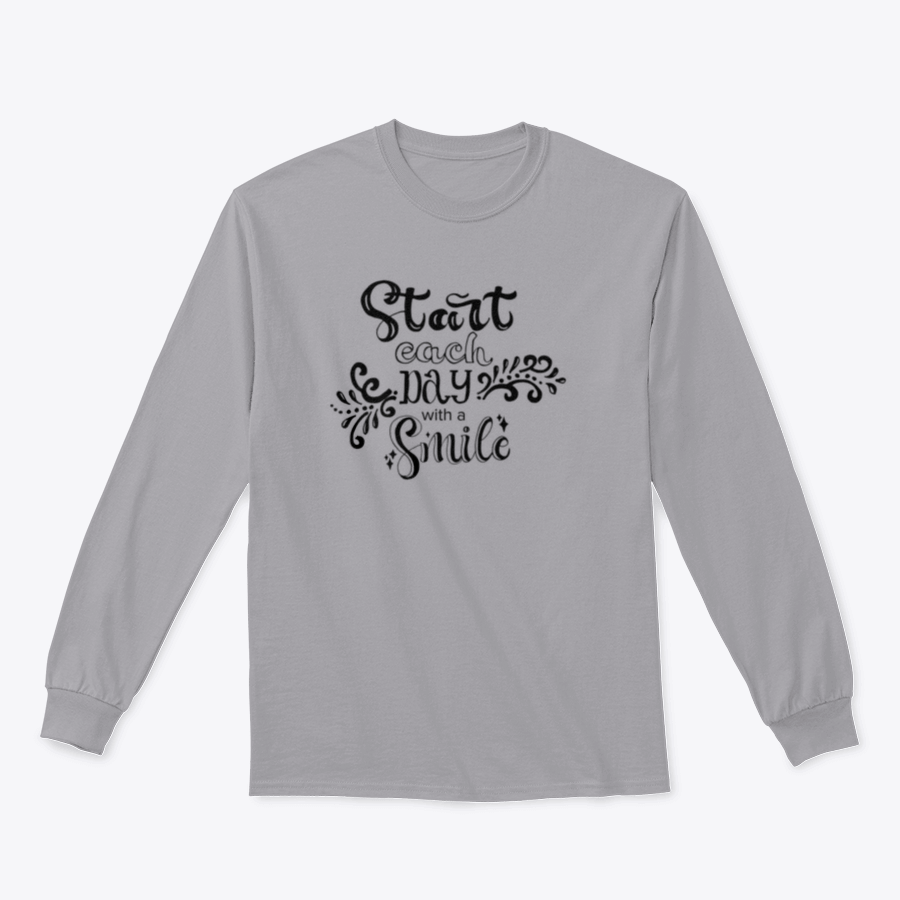 A stylish hand-drawn lettering shirt featuring the phrase 'Start Each With A Smile', made from soft cotton fabric.