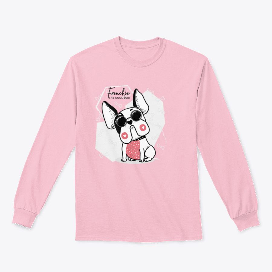 A cute French Bulldog wearing sunglasses with a heart mark, showcasing a stylish t-shirt design.