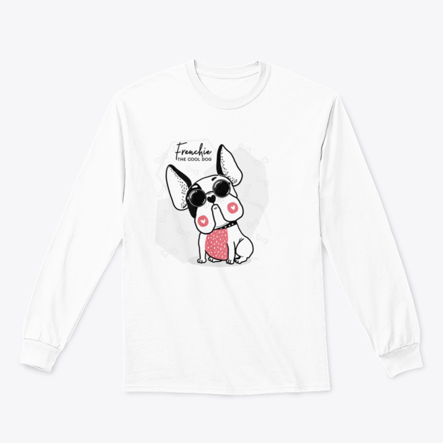 A cute French Bulldog wearing sunglasses with a heart mark, showcasing a stylish t-shirt design.