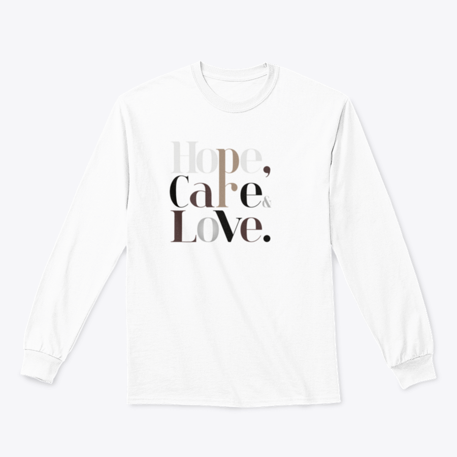 Hope, Care, Love Modern Fashion Design Tee in soft cotton fabric, showcasing a classic fit and stylish design.