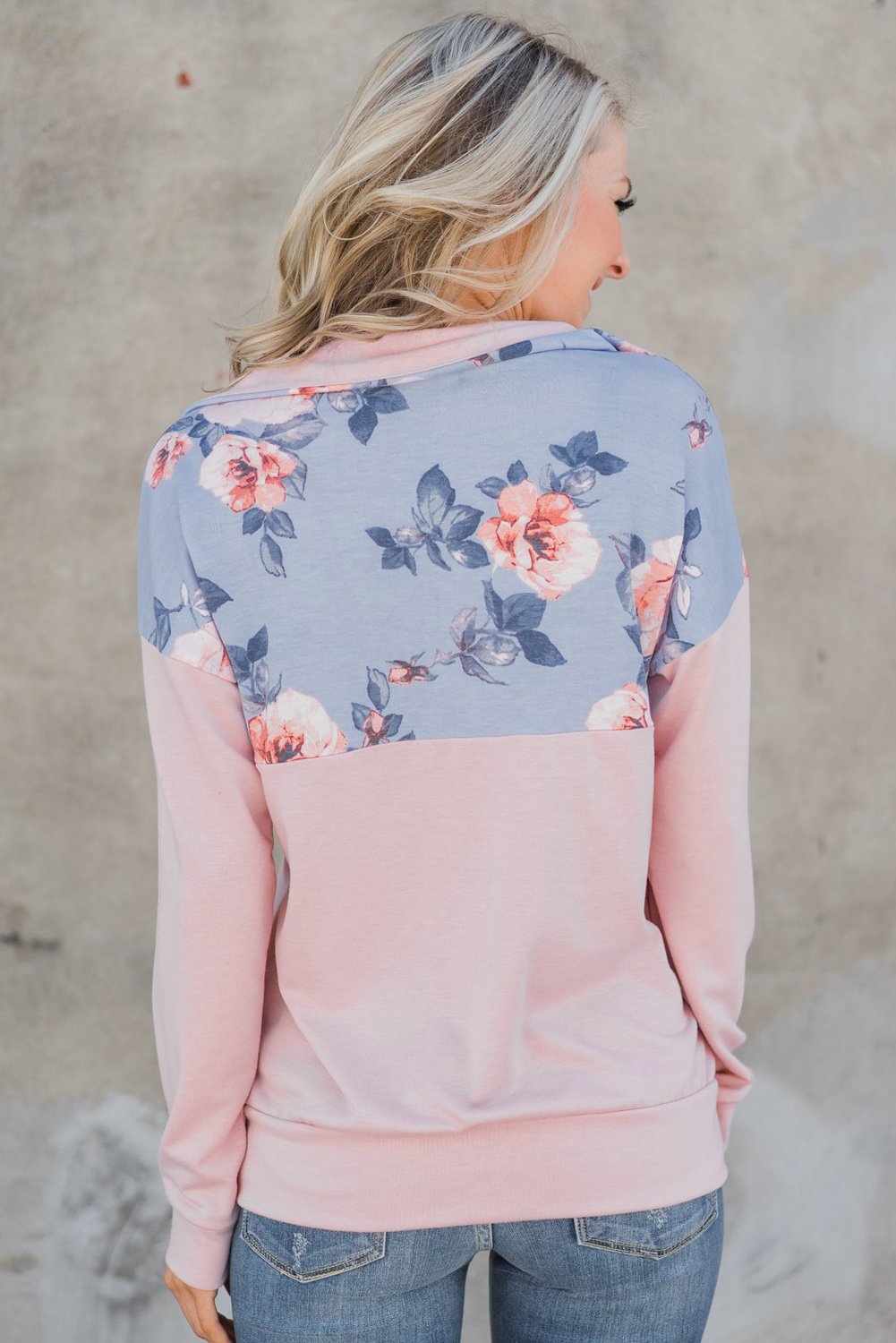 Hot Floral Splice Pink Kangaroo Pocket Zip Collar Sweatshirt featuring stylish floral patchwork and a zip collar design.