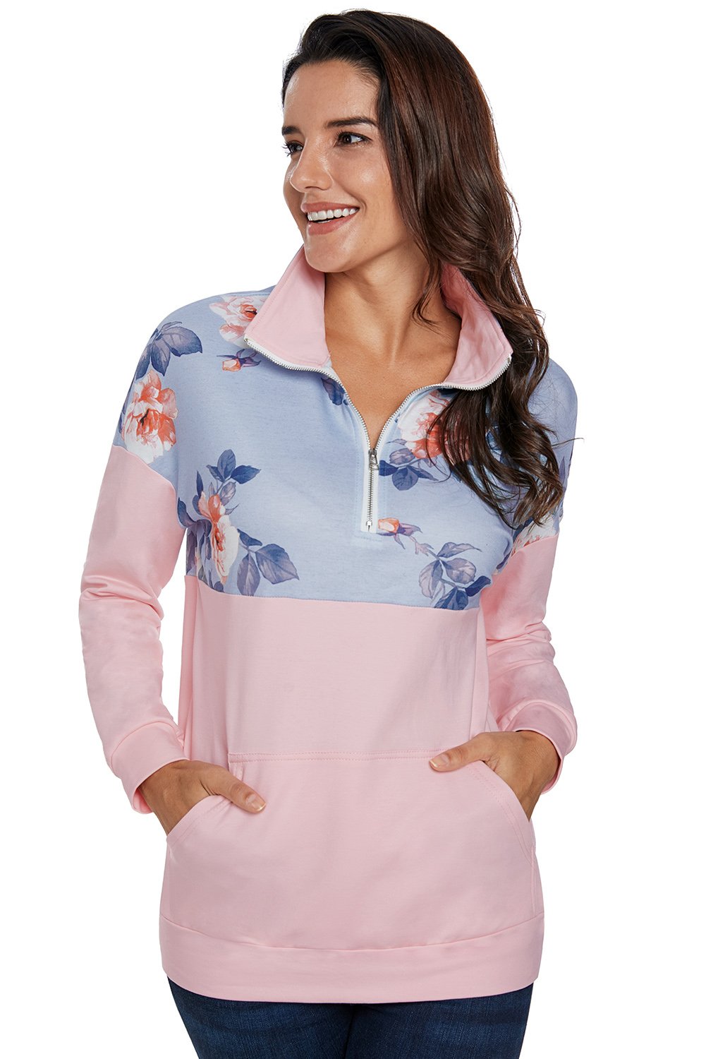 Hot Floral Splice Pink Kangaroo Pocket Zip Collar Sweatshirt featuring stylish floral patchwork and a zip collar design.