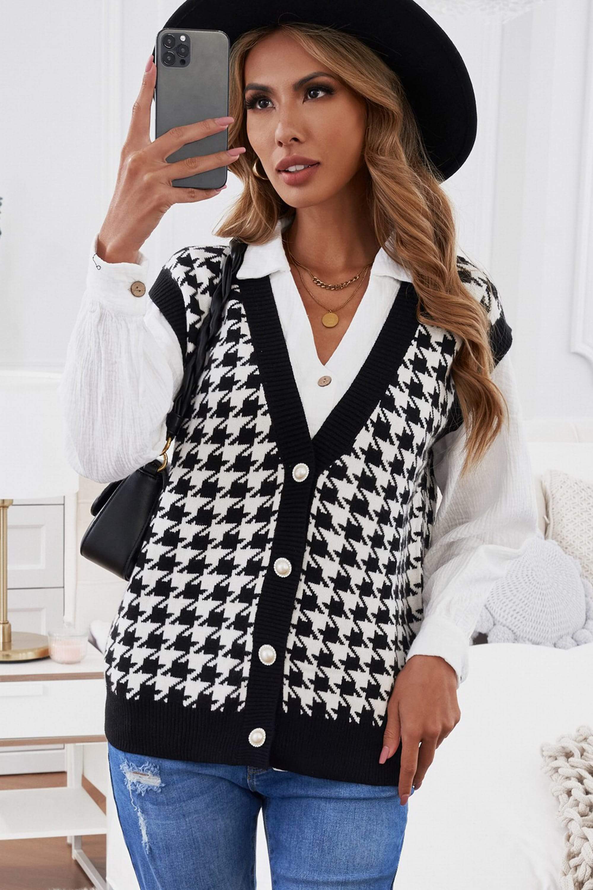 A stylish Houndstooth Vest Cardigan featuring a timeless pattern, button closure, and sleeveless design, available in black, green, and pink.