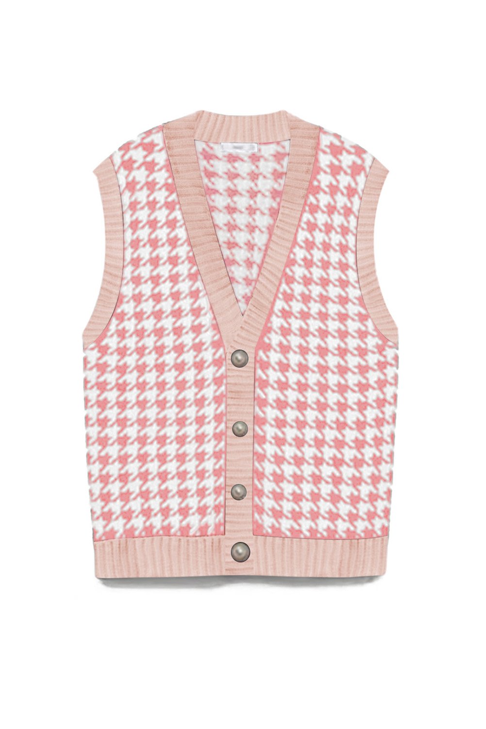 A stylish Houndstooth Vest Cardigan featuring a timeless pattern, button closure, and sleeveless design, available in black, green, and pink.