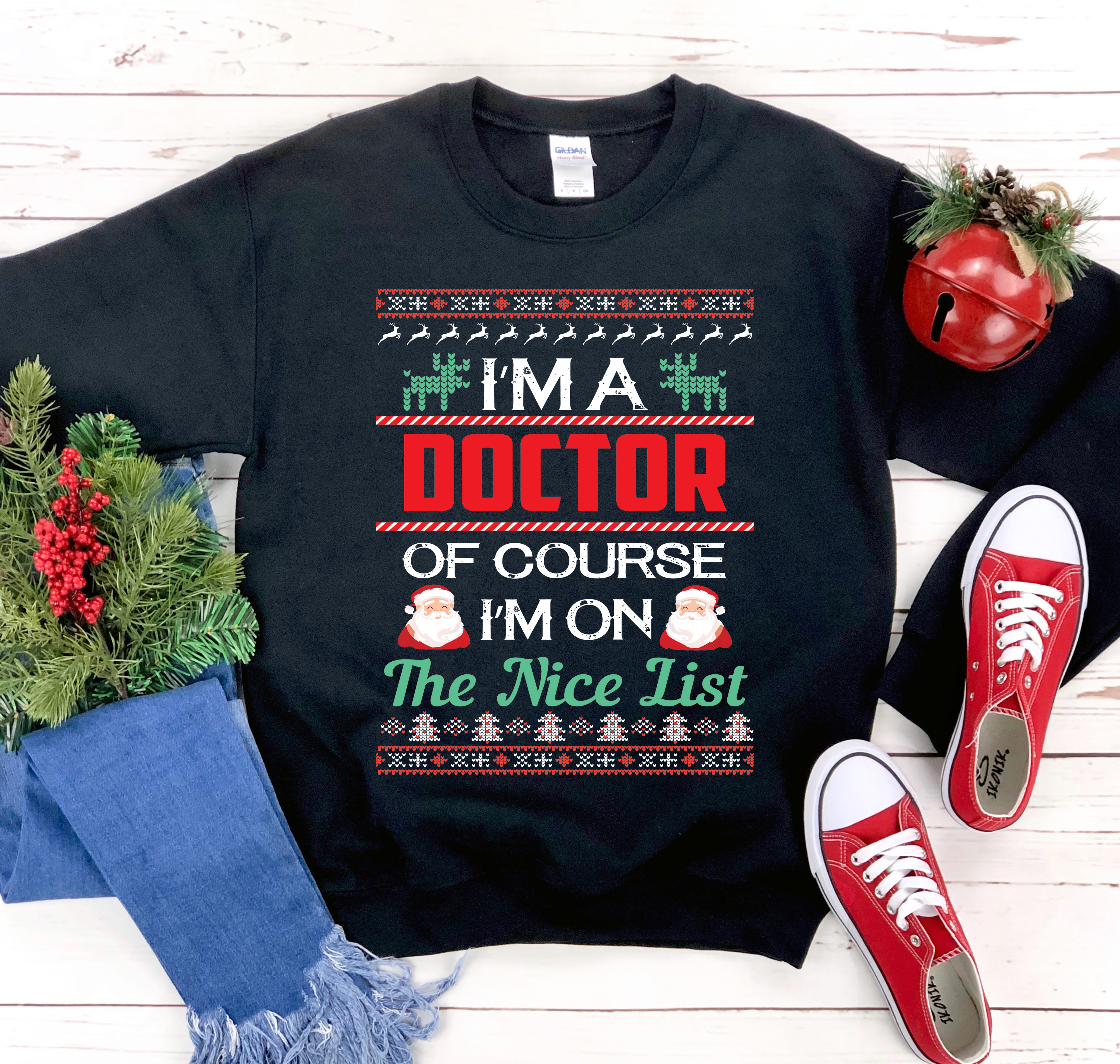 I Am A Doctor Christmas Sweatshirt featuring a crew neck design, soft fabric, and festive holiday theme, perfect for winter celebrations.