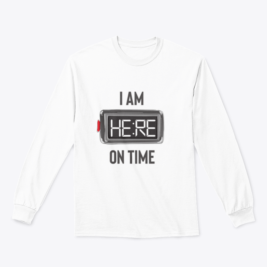 A stylish t-shirt featuring the slogan 'I Am Here On Time' with an illustration of an alarm clock, made from 100% cotton.