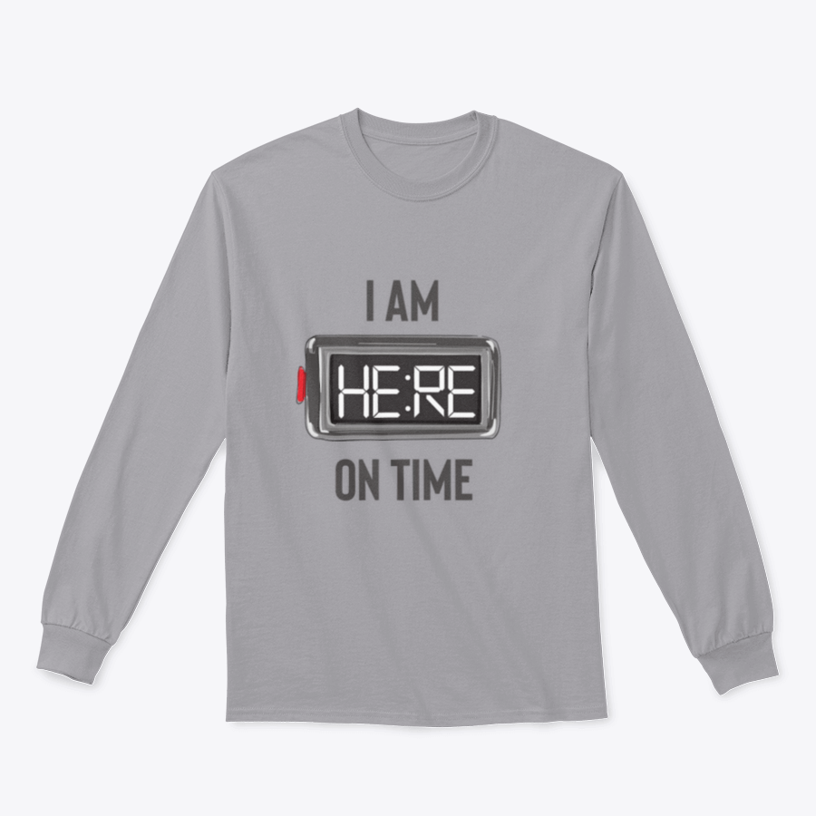 A stylish t-shirt featuring the slogan 'I Am Here On Time' with an illustration of an alarm clock, made from 100% cotton.