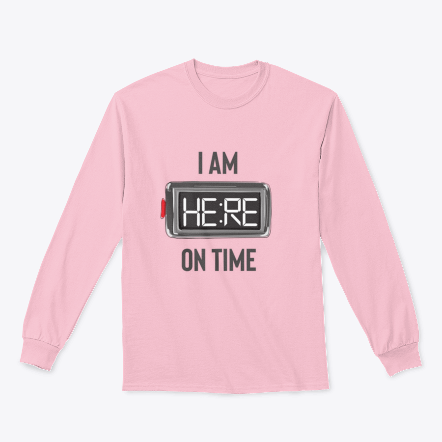 A stylish t-shirt featuring the slogan 'I Am Here On Time' with an illustration of an alarm clock, made from 100% cotton.