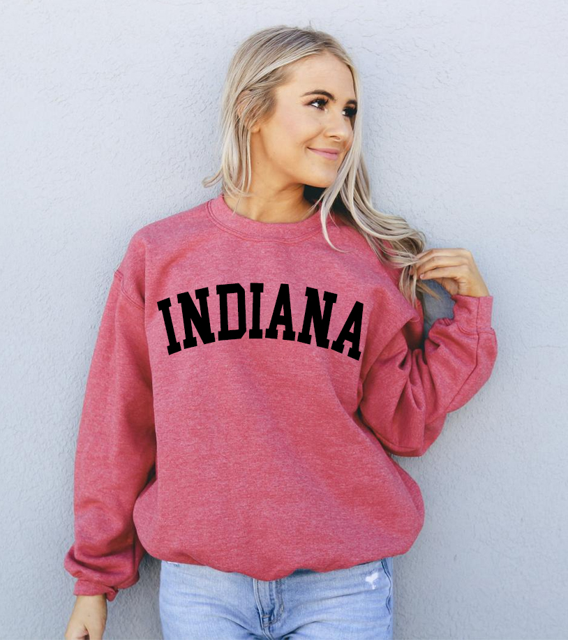 A cozy Indiana Sweatshirt featuring a crew neck, made from soft air-jet spun yarn, perfect for casual wear.