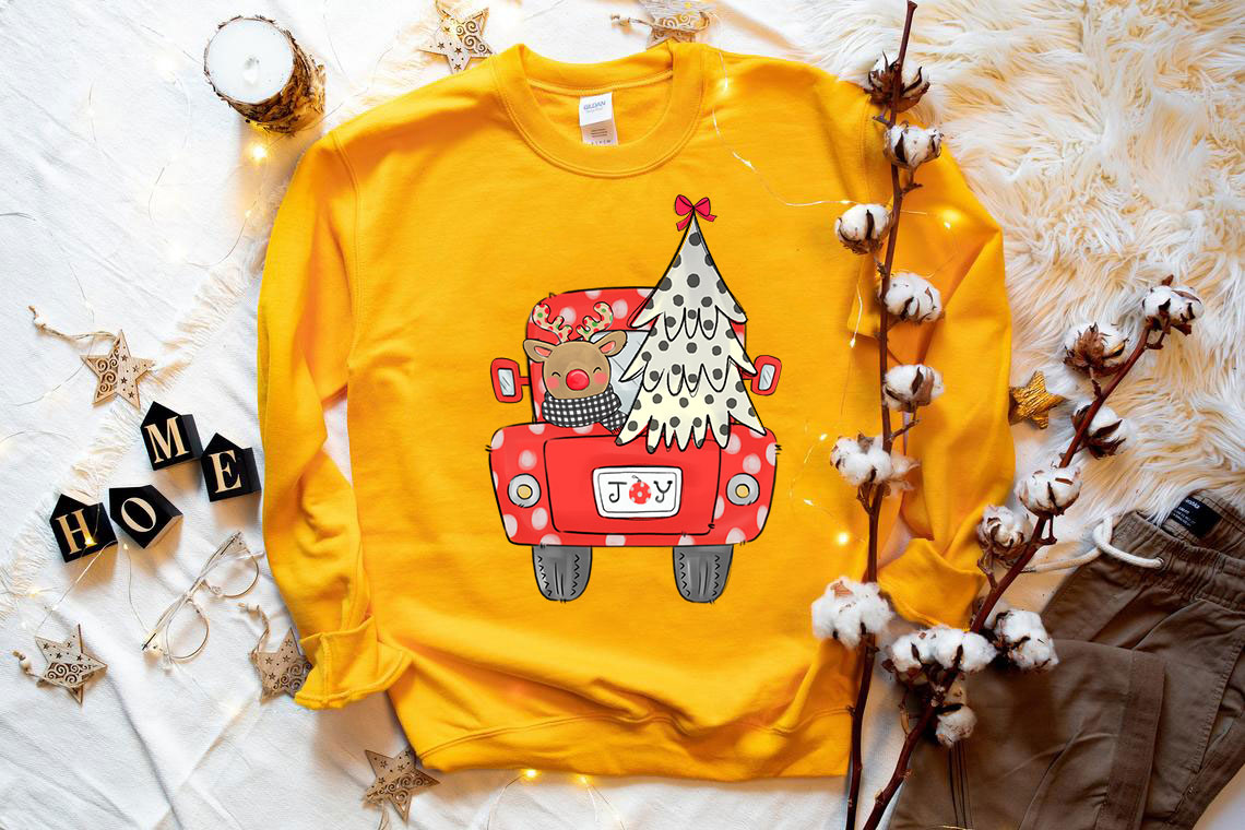 Joy Christmas Tree Truck Sweatshirt featuring a festive truck design with a Christmas tree, perfect for holiday celebrations.