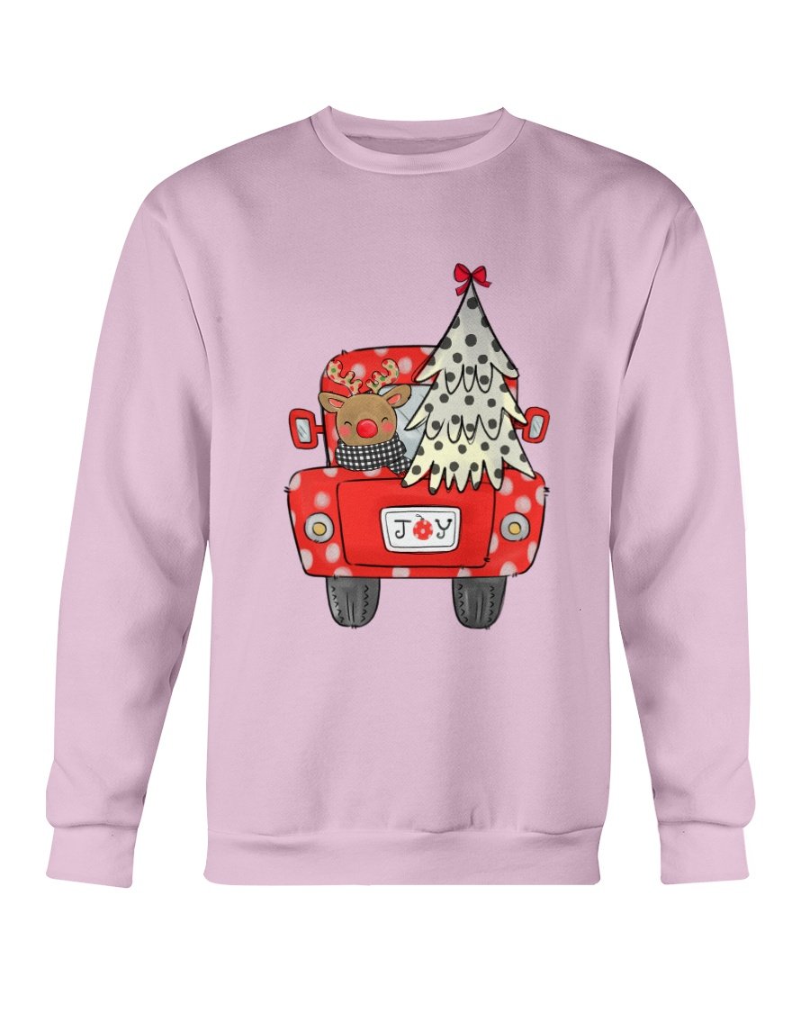 Joy Christmas Tree Truck Sweatshirt featuring a festive truck design with a Christmas tree, perfect for holiday celebrations.