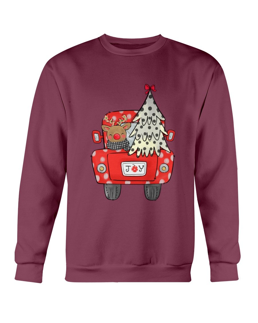 Joy Christmas Tree Truck Sweatshirt featuring a festive truck design with a Christmas tree, perfect for holiday celebrations.