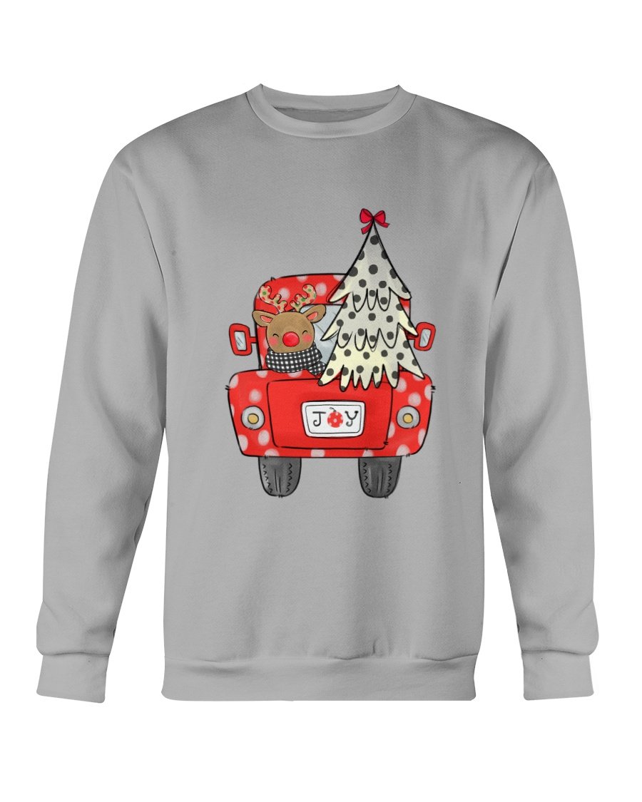 Joy Christmas Tree Truck Sweatshirt featuring a festive truck design with a Christmas tree, perfect for holiday celebrations.