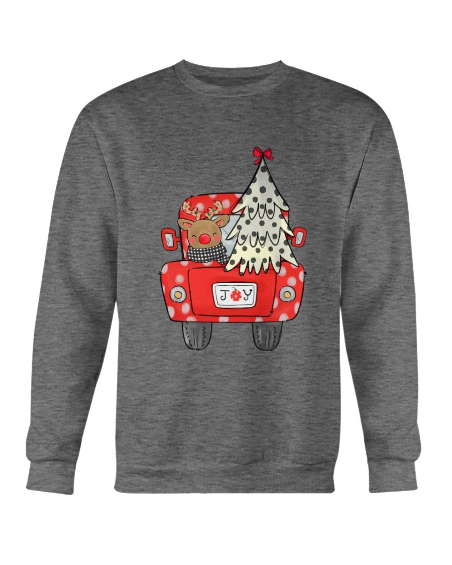 Joy Christmas Tree Truck Sweatshirt featuring a festive truck design with a Christmas tree, perfect for holiday celebrations.