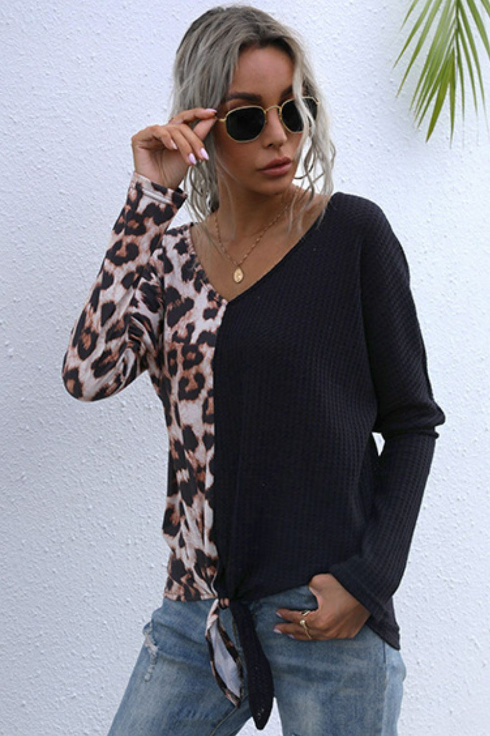 Leopard V-Neck Tie Front Top featuring a stylish tie detail and long sleeves, perfect for casual wear.