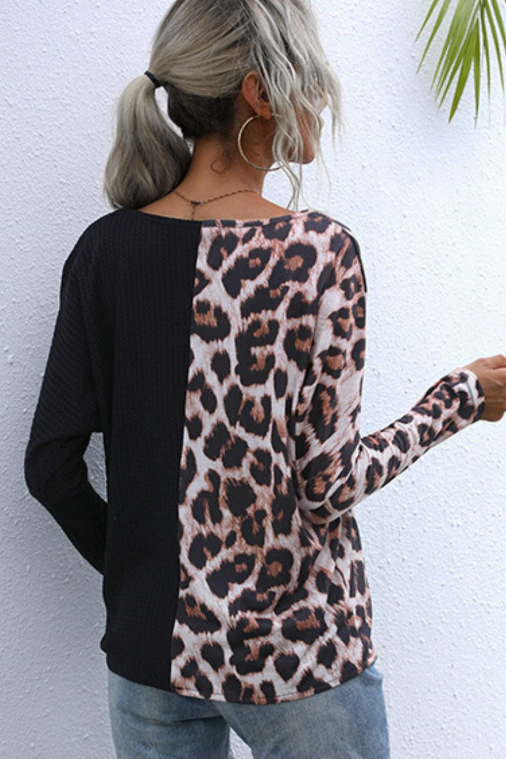 Leopard V-Neck Tie Front Top featuring a stylish tie detail and long sleeves, perfect for casual wear.