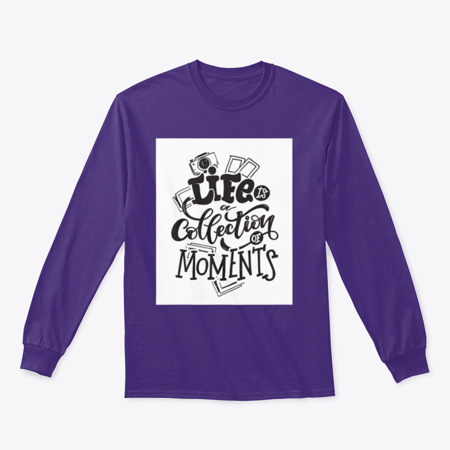 A stylish cotton t-shirt featuring hand-drawn lettering that says 'Life Is A Collection Of Moments', showcasing a casual and artistic design.