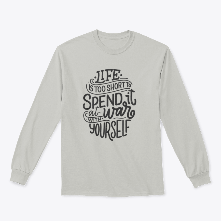 Gray long-sleeve shirt with quote.