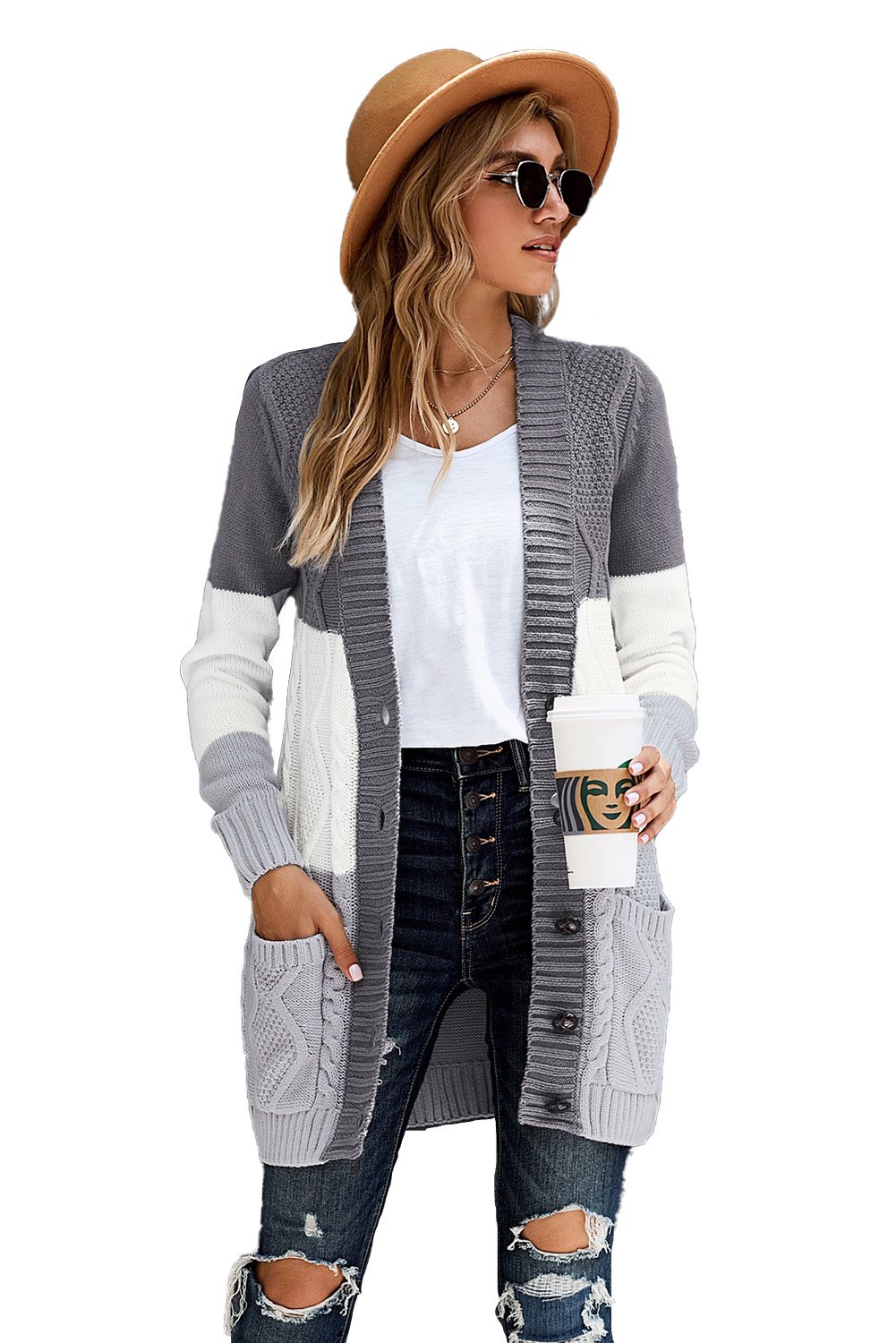 A stylish long women cardigan featuring a unique knit pattern, open front with button closure, and side pockets, perfect for winter wear.