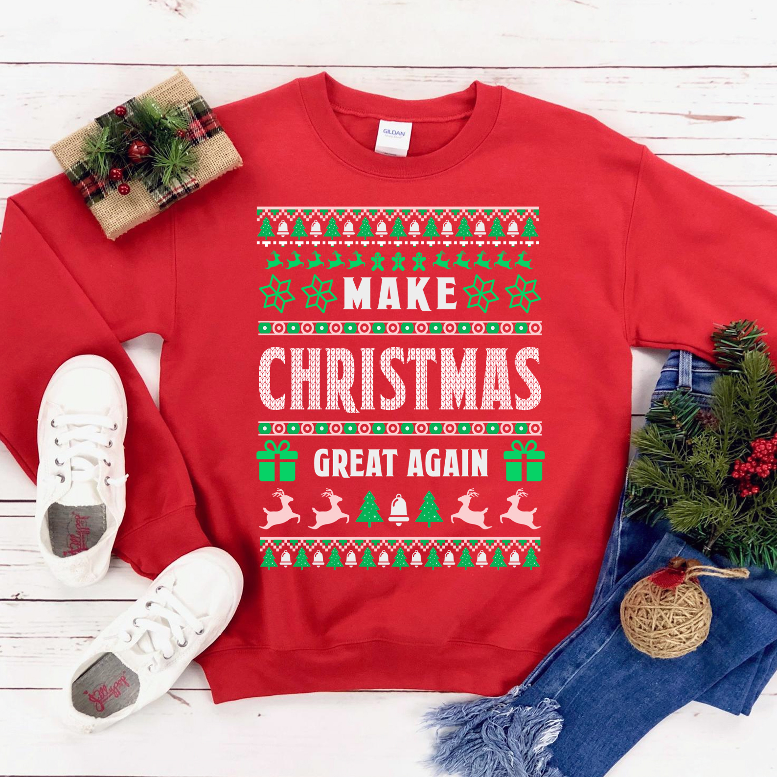 A cozy unisex sweatshirt featuring the phrase 'Make Christmas Great Again' in festive lettering, perfect for holiday wear.