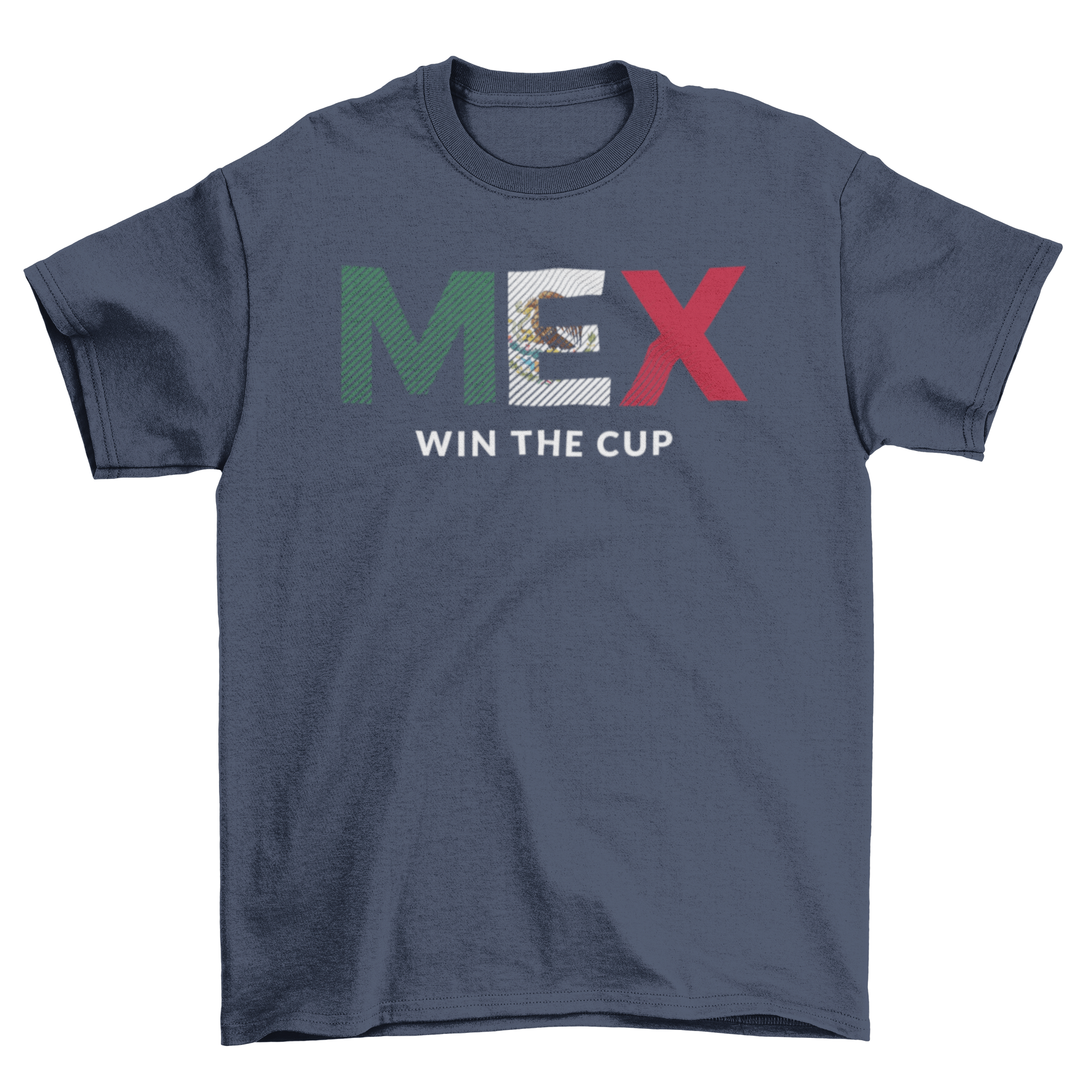 Mexico World Football Cup t-shirt with 'MEX Win the cup' design, showcasing vibrant colors and bold lettering.