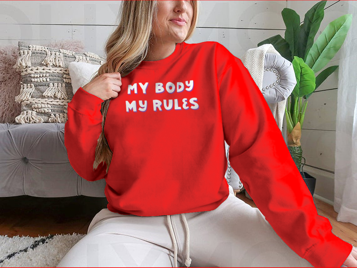 A stylish T-shirt featuring the quote 'My Body, My Rules' promoting body positivity, made from soft cotton fabric.