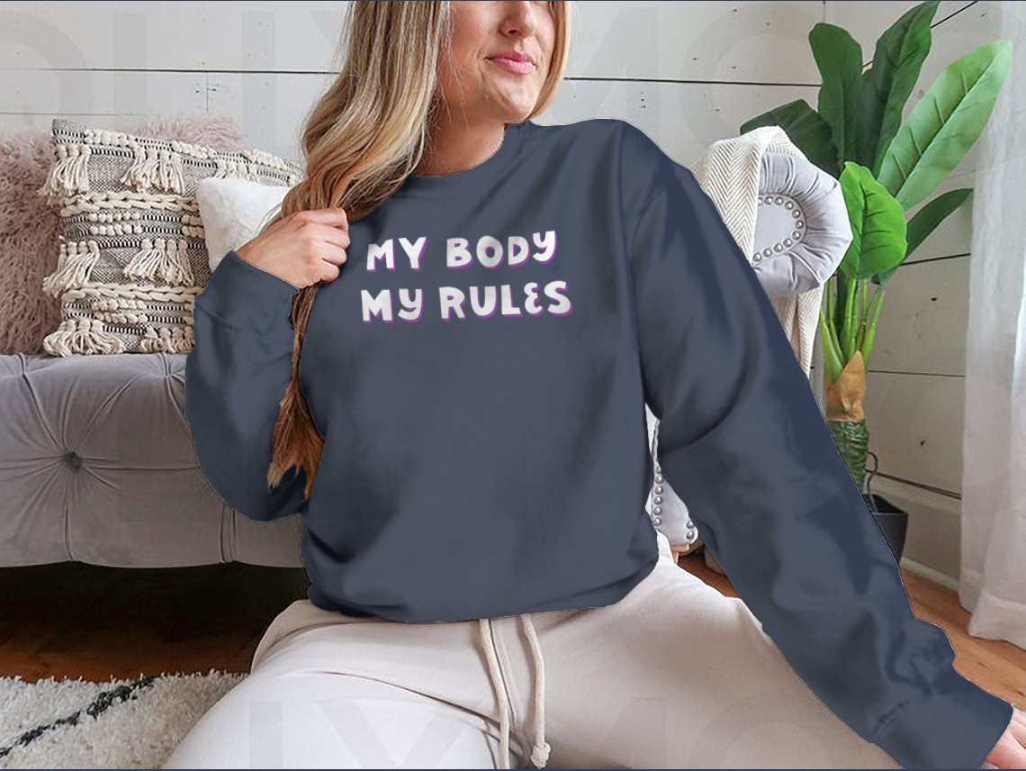 A stylish T-shirt featuring the quote 'My Body, My Rules' promoting body positivity, made from soft cotton fabric.