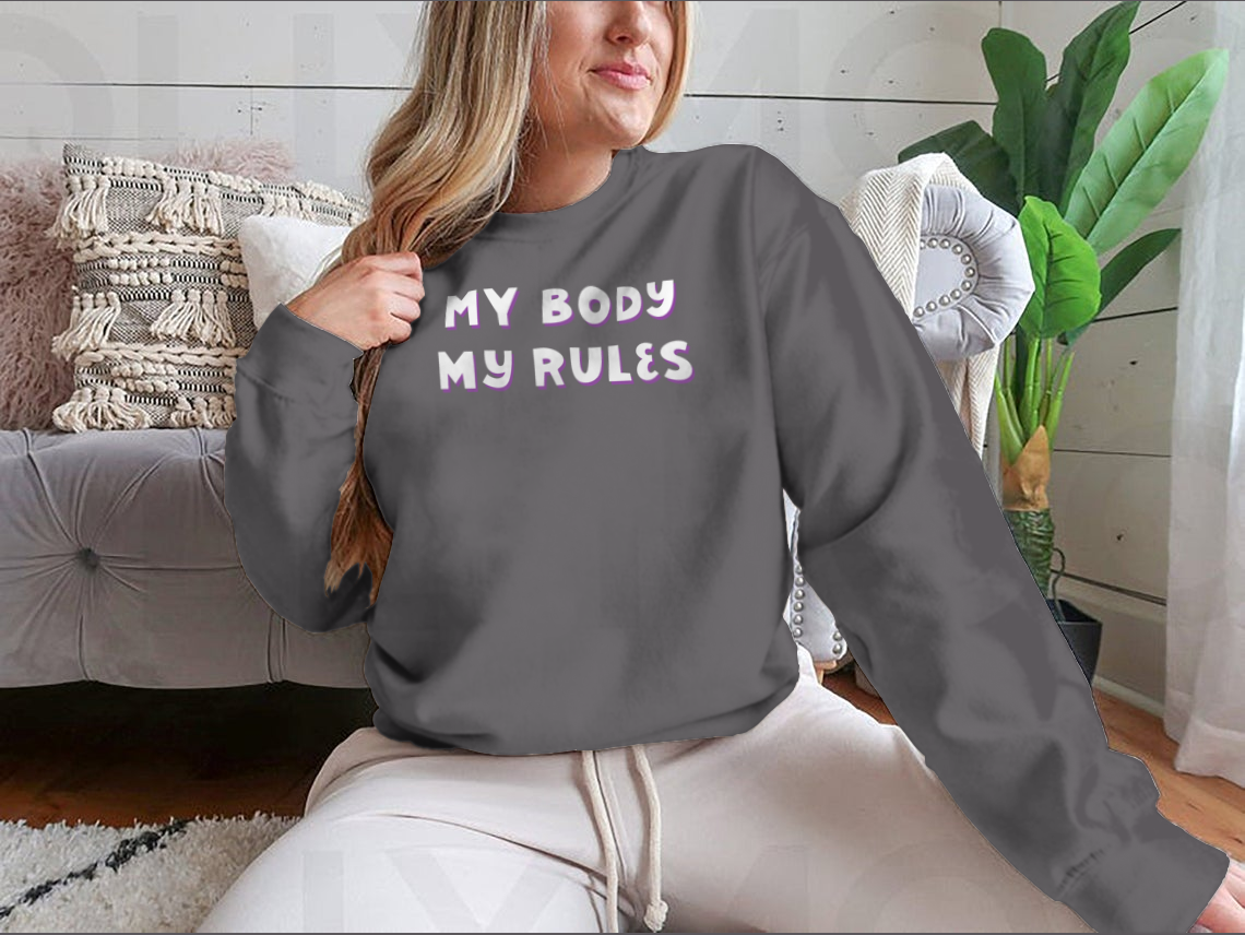 A stylish T-shirt featuring the quote 'My Body, My Rules' promoting body positivity, made from soft cotton fabric.