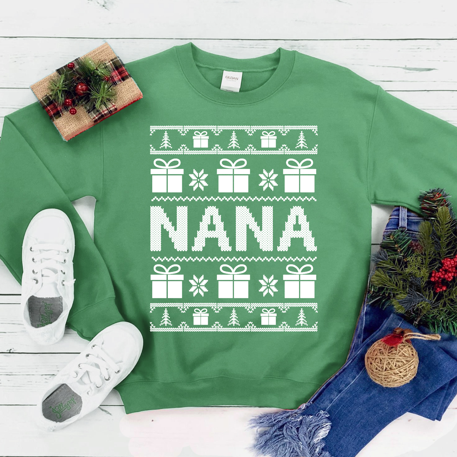 Nana Christmas Sweatshirt featuring a crew neck design, soft fabric, and festive style, perfect for holiday celebrations.