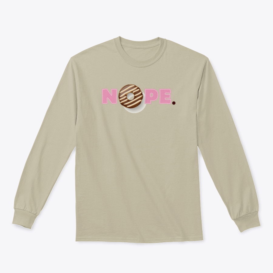 A stylish t-shirt featuring a donut glazed with melted chocolate and pink lettering that says 'Nope'.