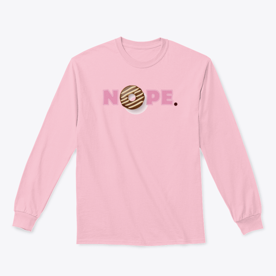 A stylish t-shirt featuring a donut glazed with melted chocolate and pink lettering that says 'Nope'.