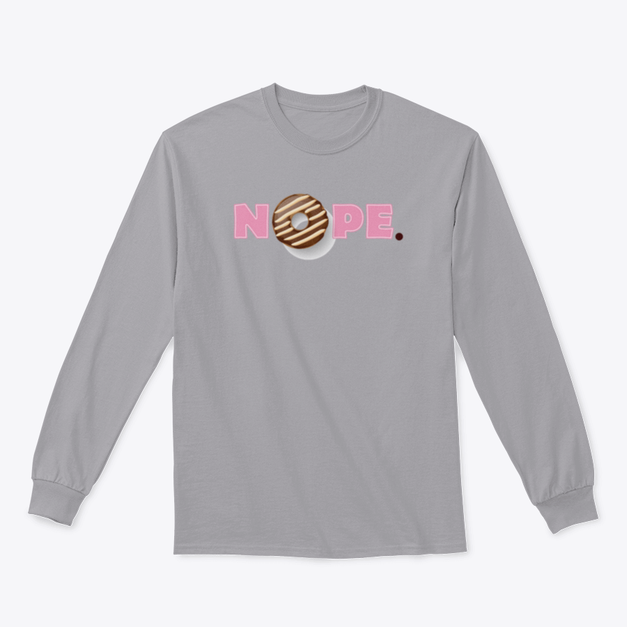 A stylish t-shirt featuring a donut glazed with melted chocolate and pink lettering that says 'Nope'.