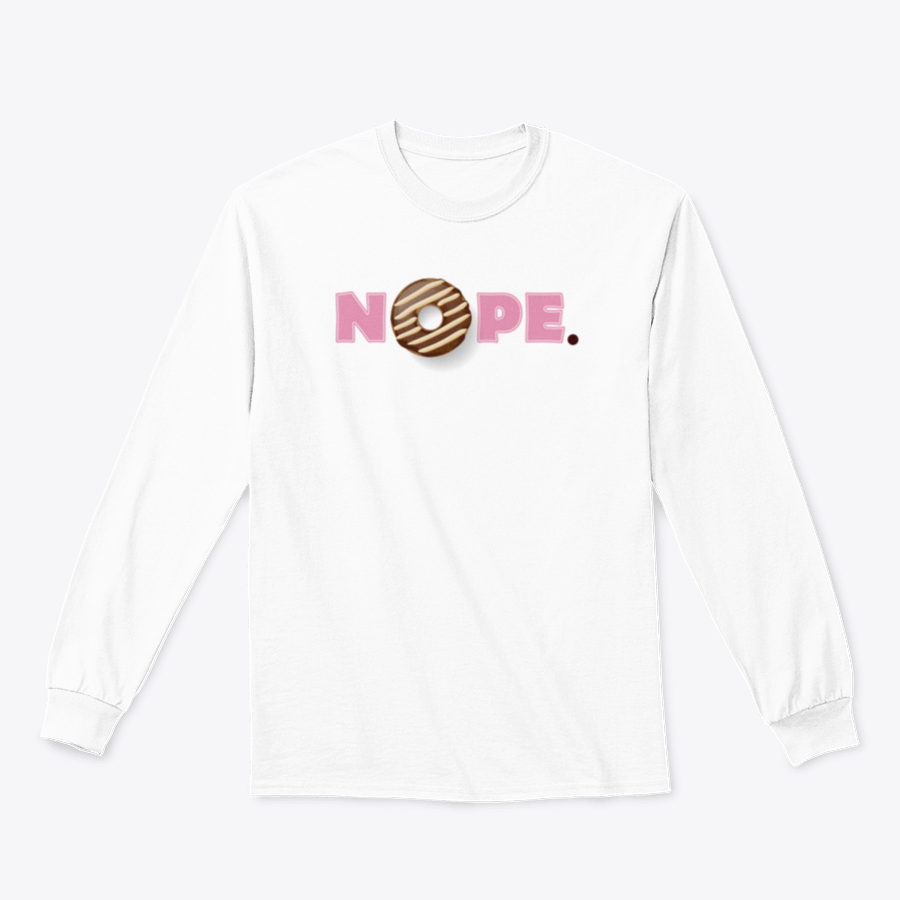 A stylish t-shirt featuring a donut glazed with melted chocolate and pink lettering that says 'Nope'.