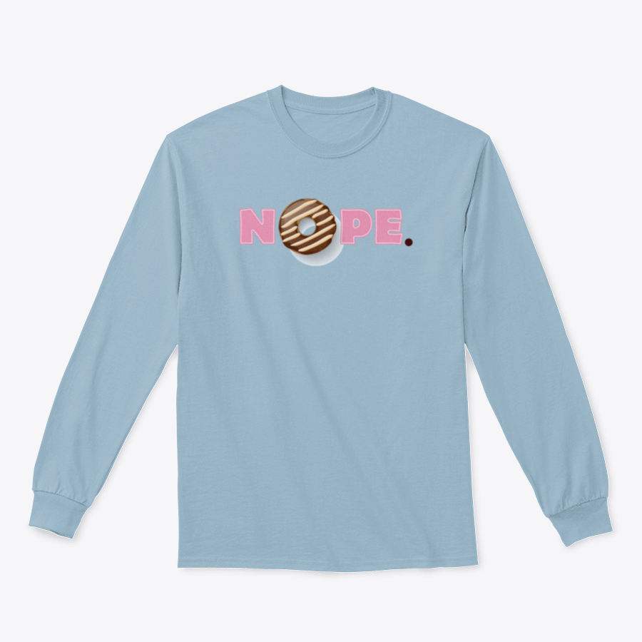 A stylish t-shirt featuring a donut glazed with melted chocolate and pink lettering that says 'Nope'.