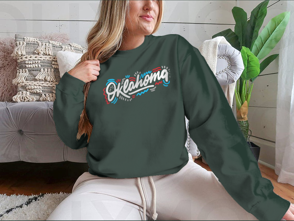 Oklahoma Handwritten City Name Sweatshirt in a classic fit, showcasing soft cotton fabric and stylish design.