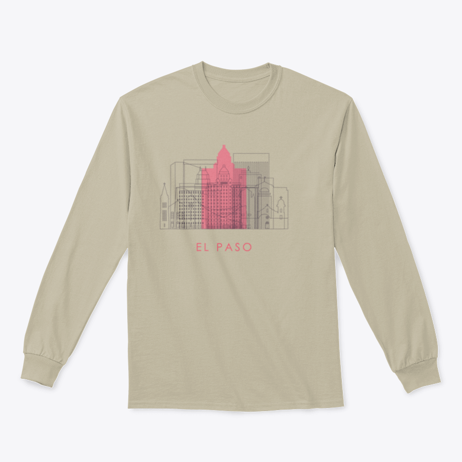 A stylish sweatshirt featuring the El Paso skyline and landmarks design, showcasing a blend of comfort and urban style.